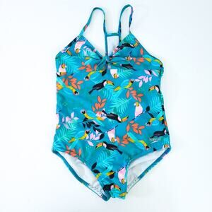 Speedo Girls Bathing Suit One Piece Tropical Toucan Birds Racerback Thin Staps
